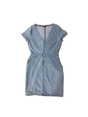 GUESS‎ Denim Mini Dress Light Blue XS Zip Front Short Sleeve Y2K Baddie Bodycon